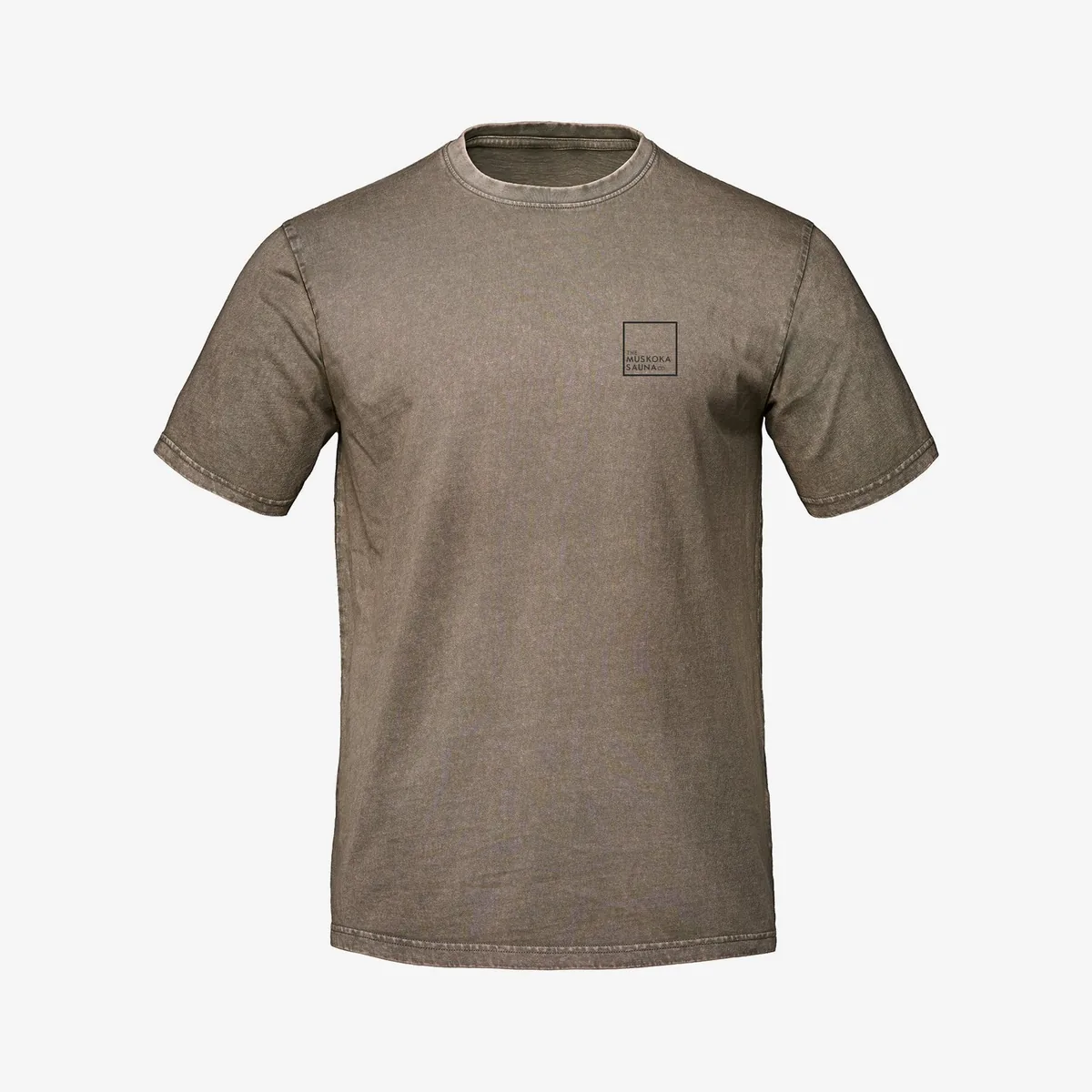 The Muskoka Sauna Co vintage wash mushroom tee with a small square logo on the left chest