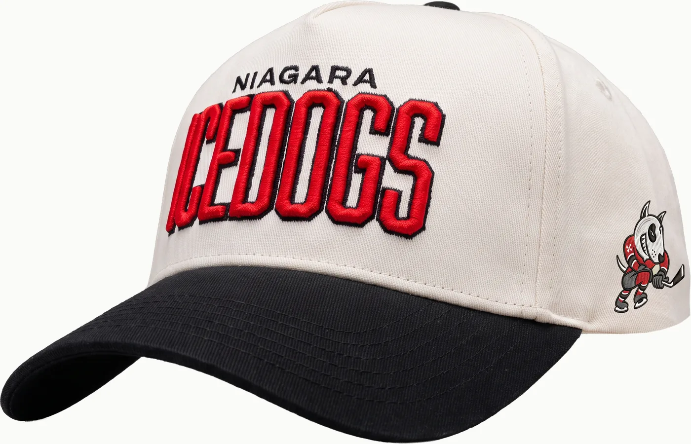 Niagara IceDogs custom team hat by LTD Customs with red and black 3D puff embroidery and flat-stitched mascot