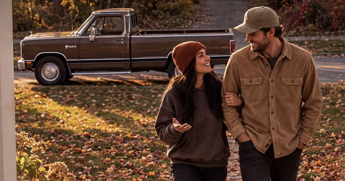 A couple walking past an old pickup in fall leaves, from the cover of the LTD Customs Fall Gift Guide 2026