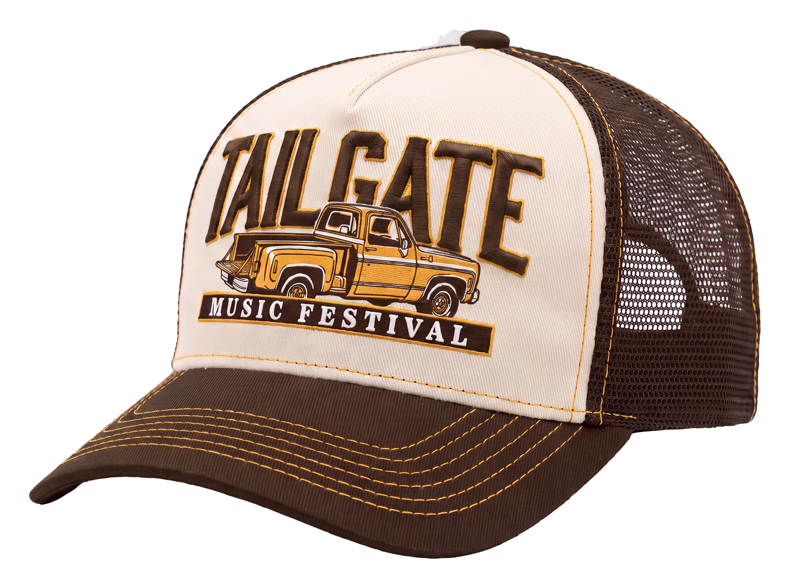 Tailgate Music Festival trucker with a printed truck patch and puff lettering