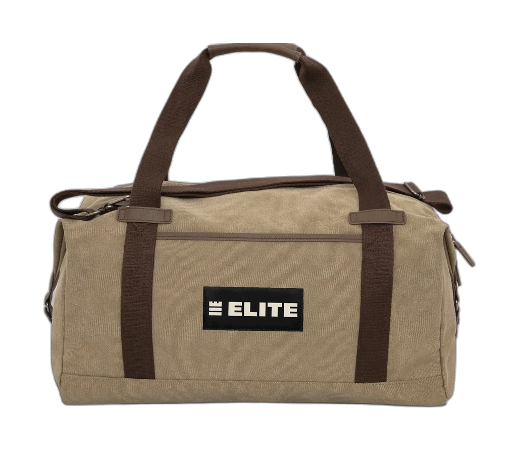 Canvas duffle bag with a black branded patch