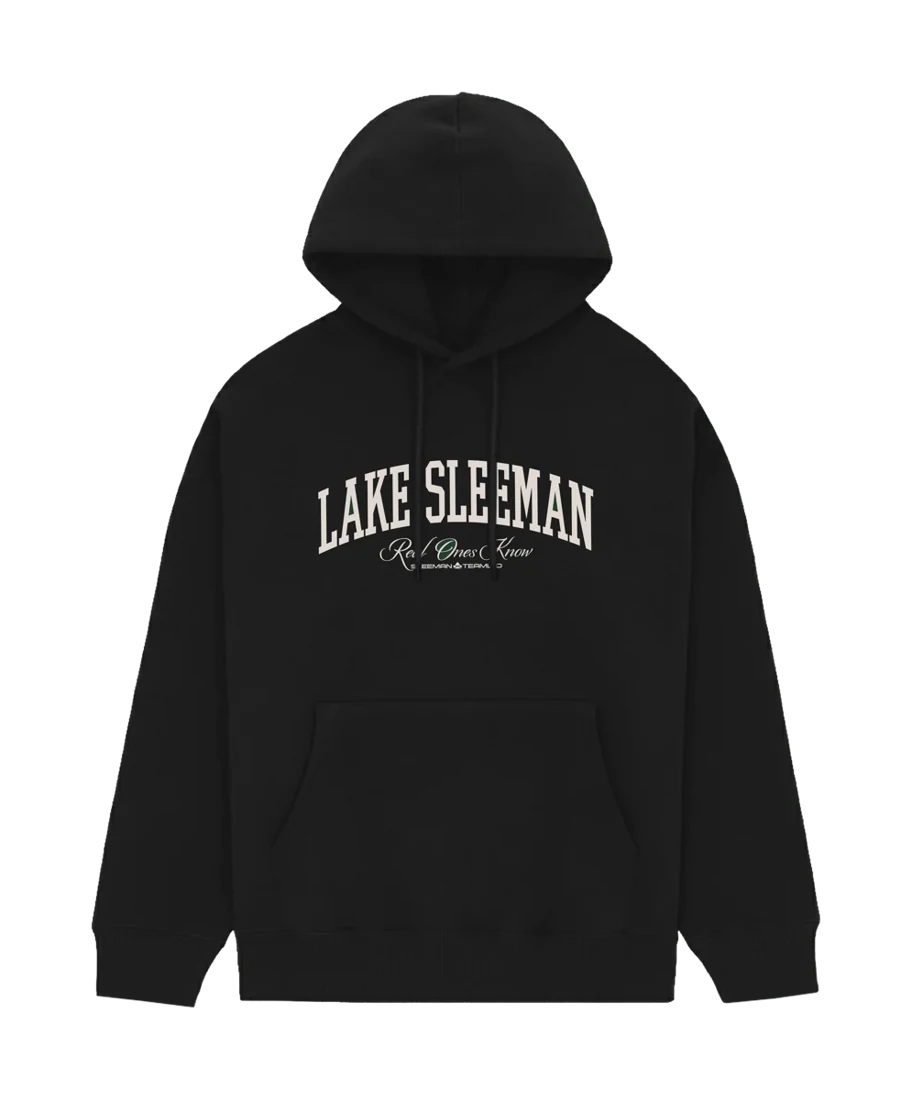 Black heavyweight hoodie with an arched wordmark chest print