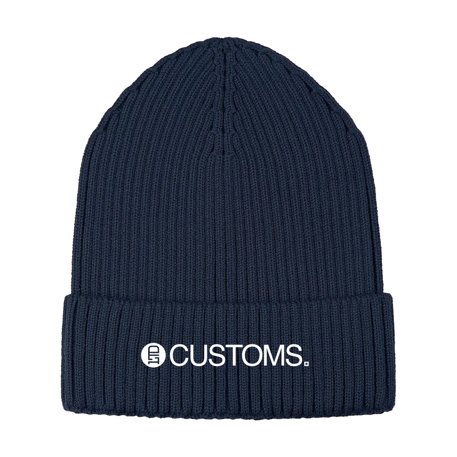 Custom navy ribbed toque with an embroidered cuff logo by LTD Customs