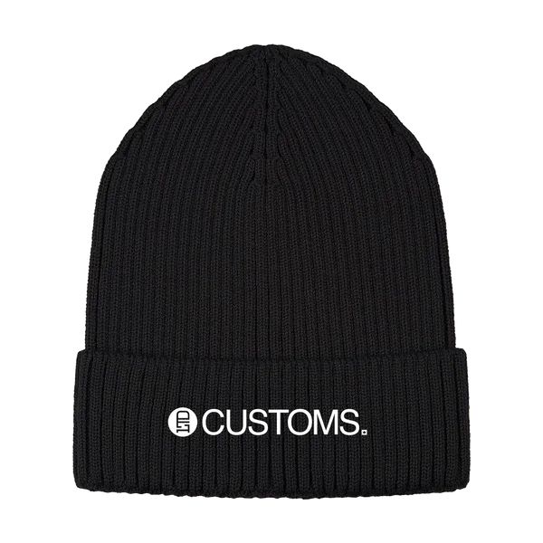 Black ribbed toque with an embroidered cuff logo