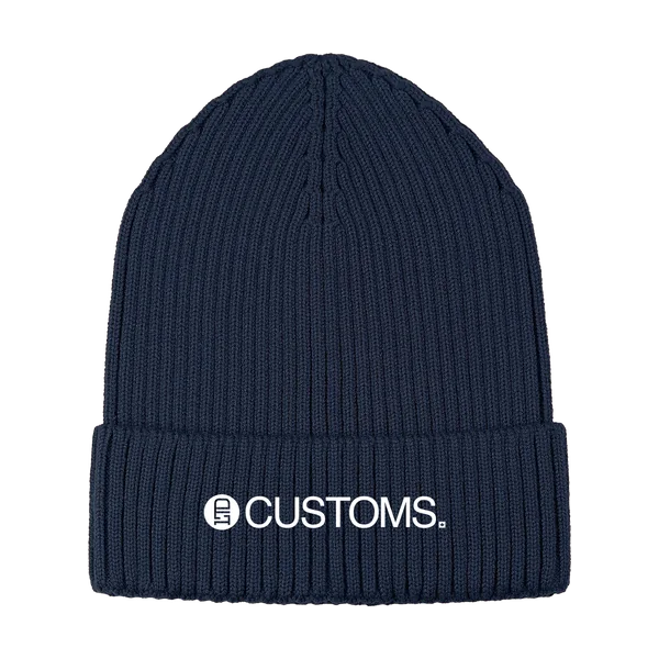 Navy ribbed toque with an embroidered cuff logo