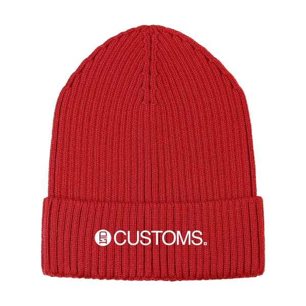 Red ribbed toque with an embroidered cuff logo