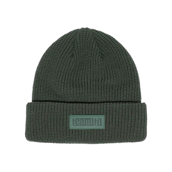 Green chunky ribbed toque with a rubber patch on the cuff
