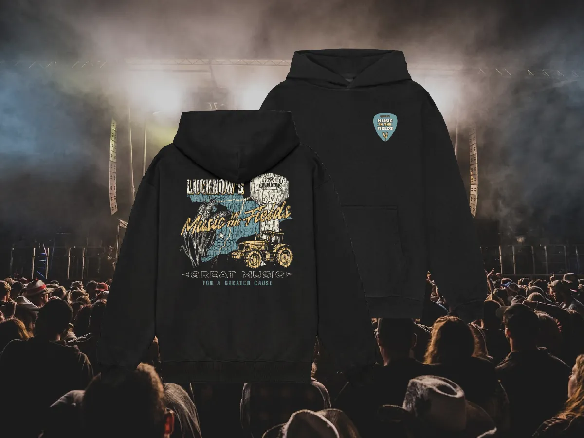 Lucknow's Music in the Fields custom festival hoodie with guitar-pick patch by LTD Customs