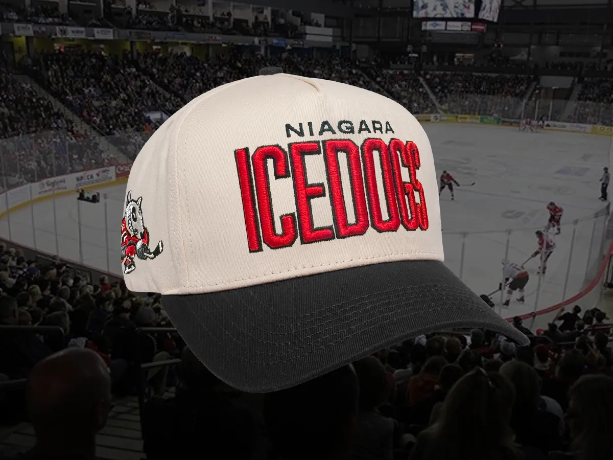 Niagara IceDogs custom OHL cream rope cap with 3D embroidery by LTD Customs