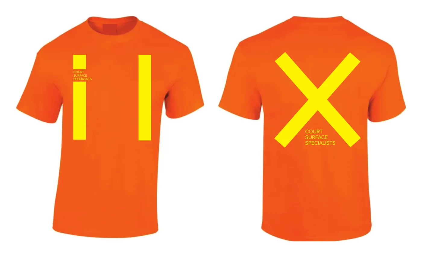 Court Surface Specialists orange hi-vis tee with yellow printed bars on the front and an X on the back