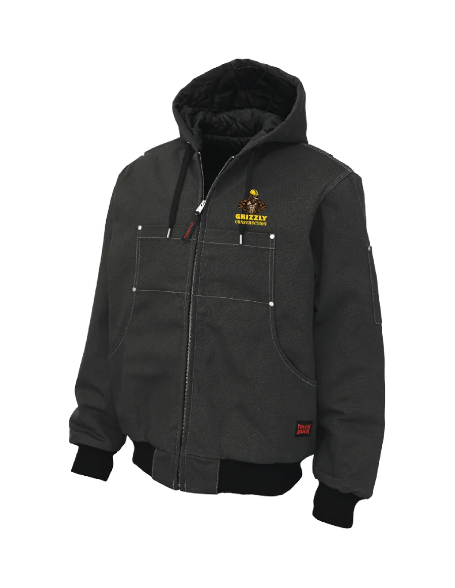 Grizzly Construction black Tough Duck hooded duck canvas jacket with the bear logo embroidered on the chest