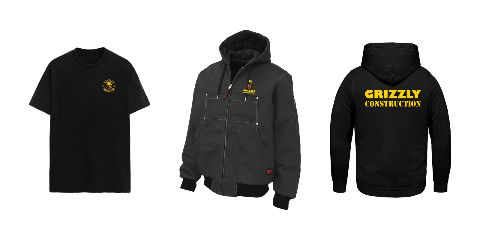 The Grizzly Construction collection by LTD Customs: a black crew tee, a black Tough Duck jacket and a black hoodie with GRIZZLY CONSTRUCTION across the back