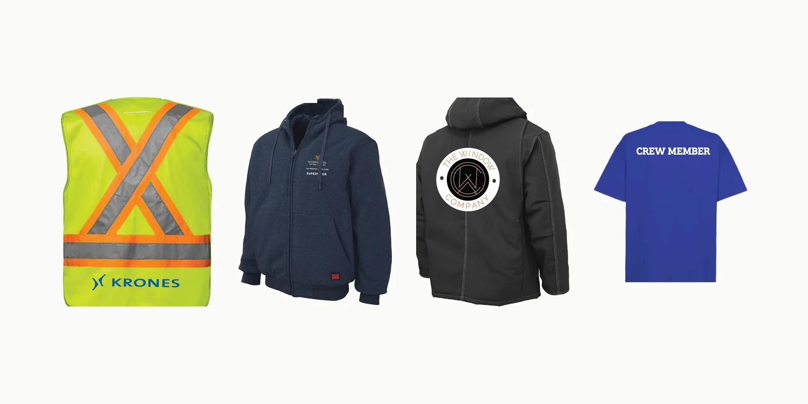 Custom workwear by LTD Customs: a KRONES hi-vis vest, a Hydropool Tough Duck hoodie, a Window Company Tough Duck jacket and a Pride Marine crew tee