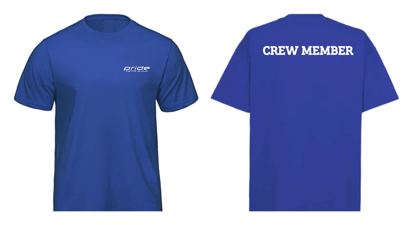 Pride Marine royal blue staff tee with CREW MEMBER across the back