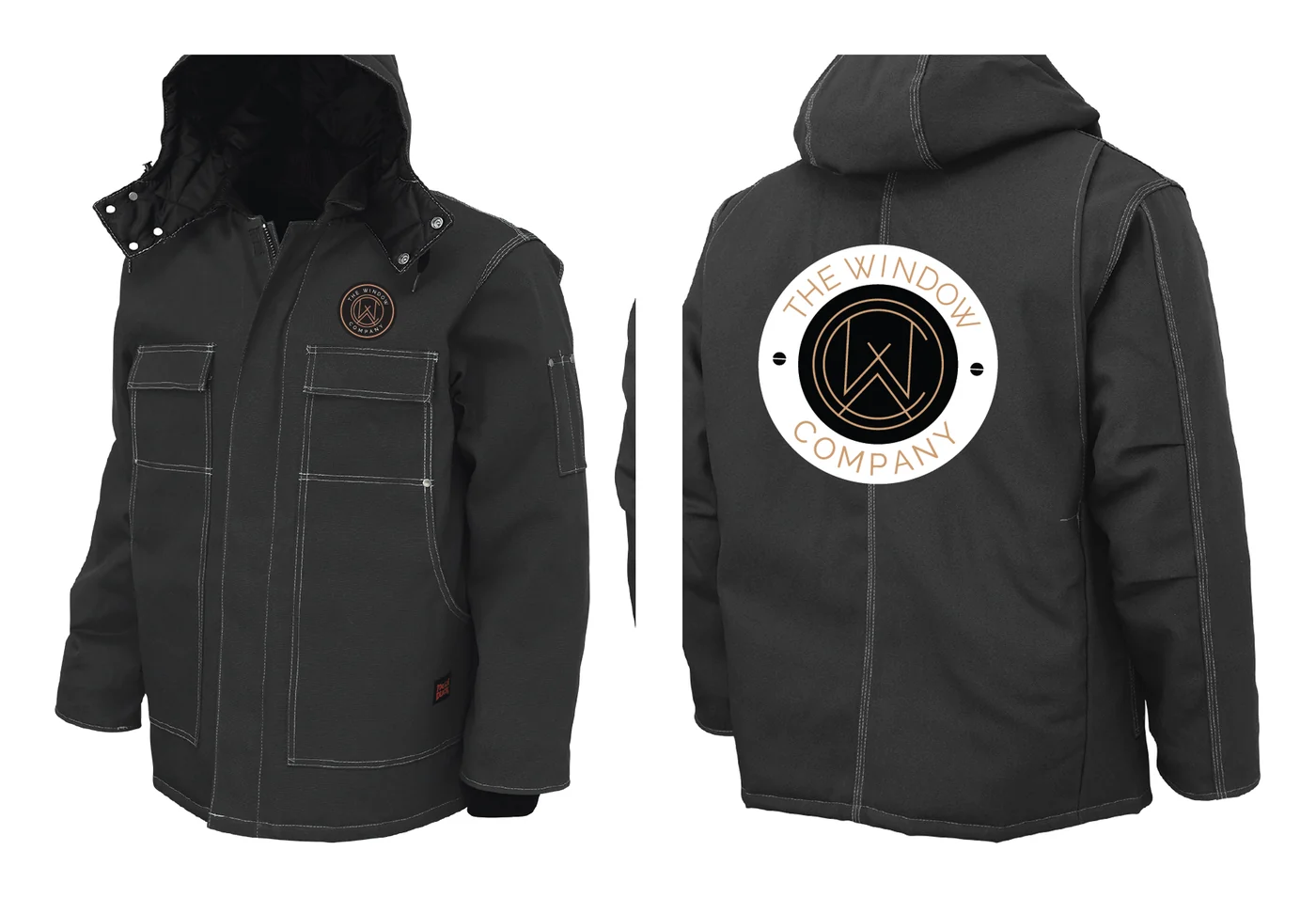 The Window Company black Tough Duck jacket with a chest patch and a large back patch
