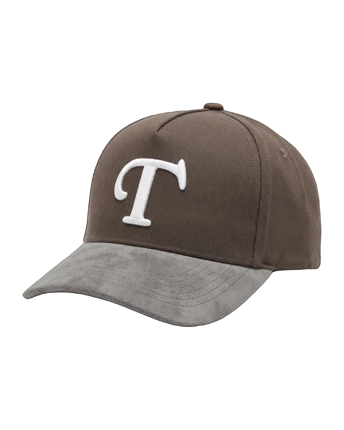 Custom brown snapback with suede brim and dense 3D puff embroidery