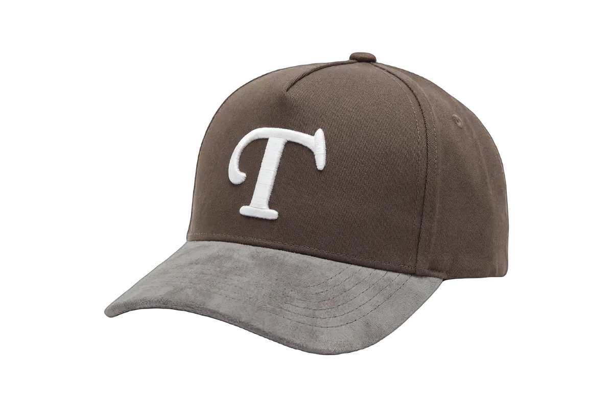 Custom brown snapback with suede brim and dense 3D puff embroidery