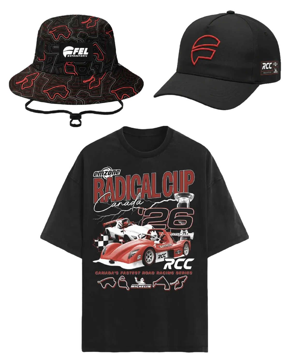 Complete custom event merch kit: graphic tee, patterned bucket hat and embroidered snapback
