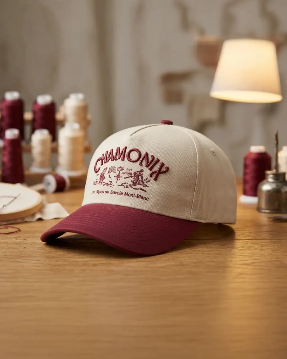 Custom two-tone snapback on the workshop bench beside matched embroidery thread