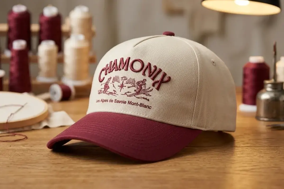 Custom two-tone snapback on the workshop bench beside matched embroidery thread